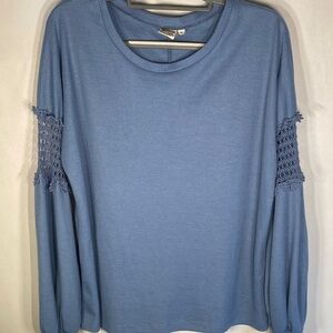 Grace & Emma Blue Knit Top with Crochet Sleeves Medium